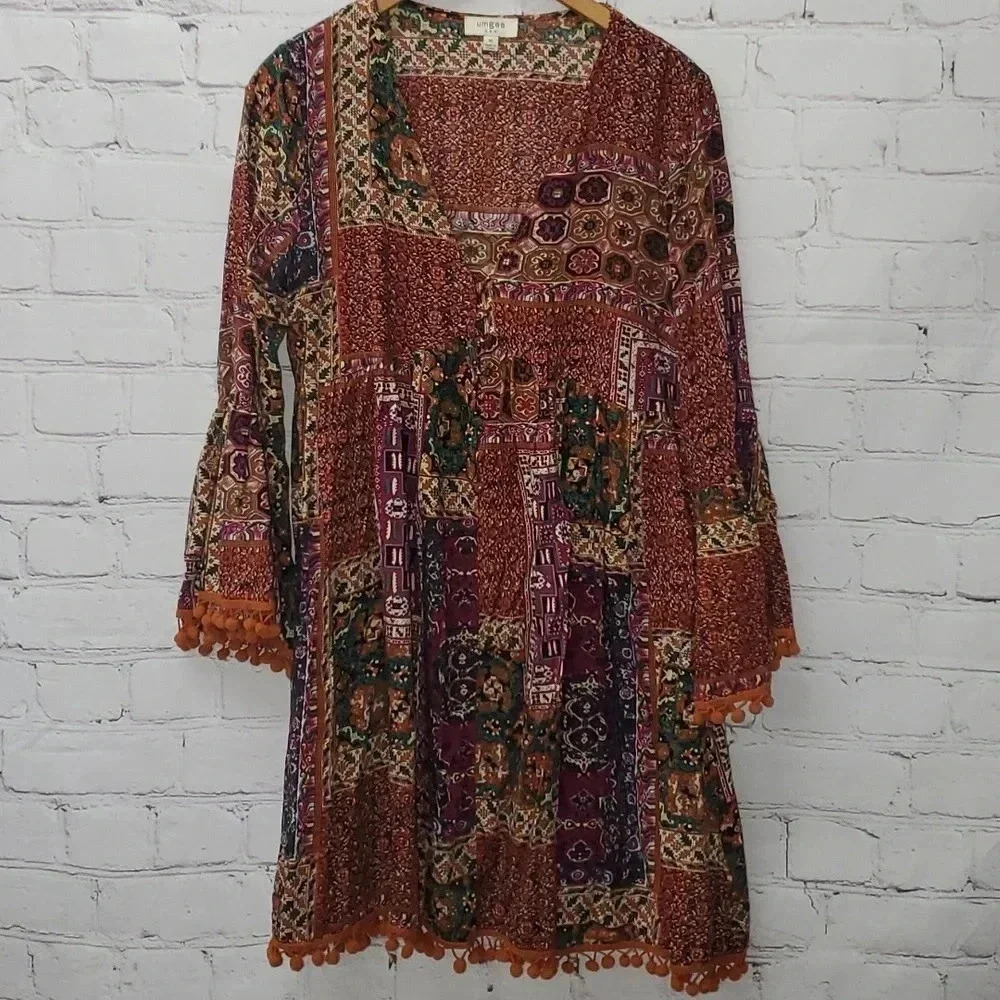 Umgee Patchwork Midi Dress in Burgundy, Rust & Olive
